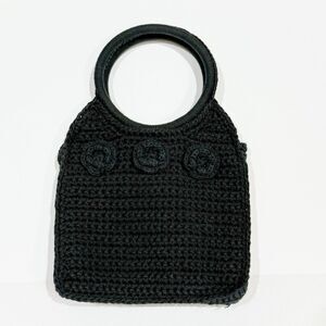 WOMEN CROCHET BLACK VINTAGE CLUTCH PURSE HANDBAG BAG WITH FLOWERS BOHO STYLE